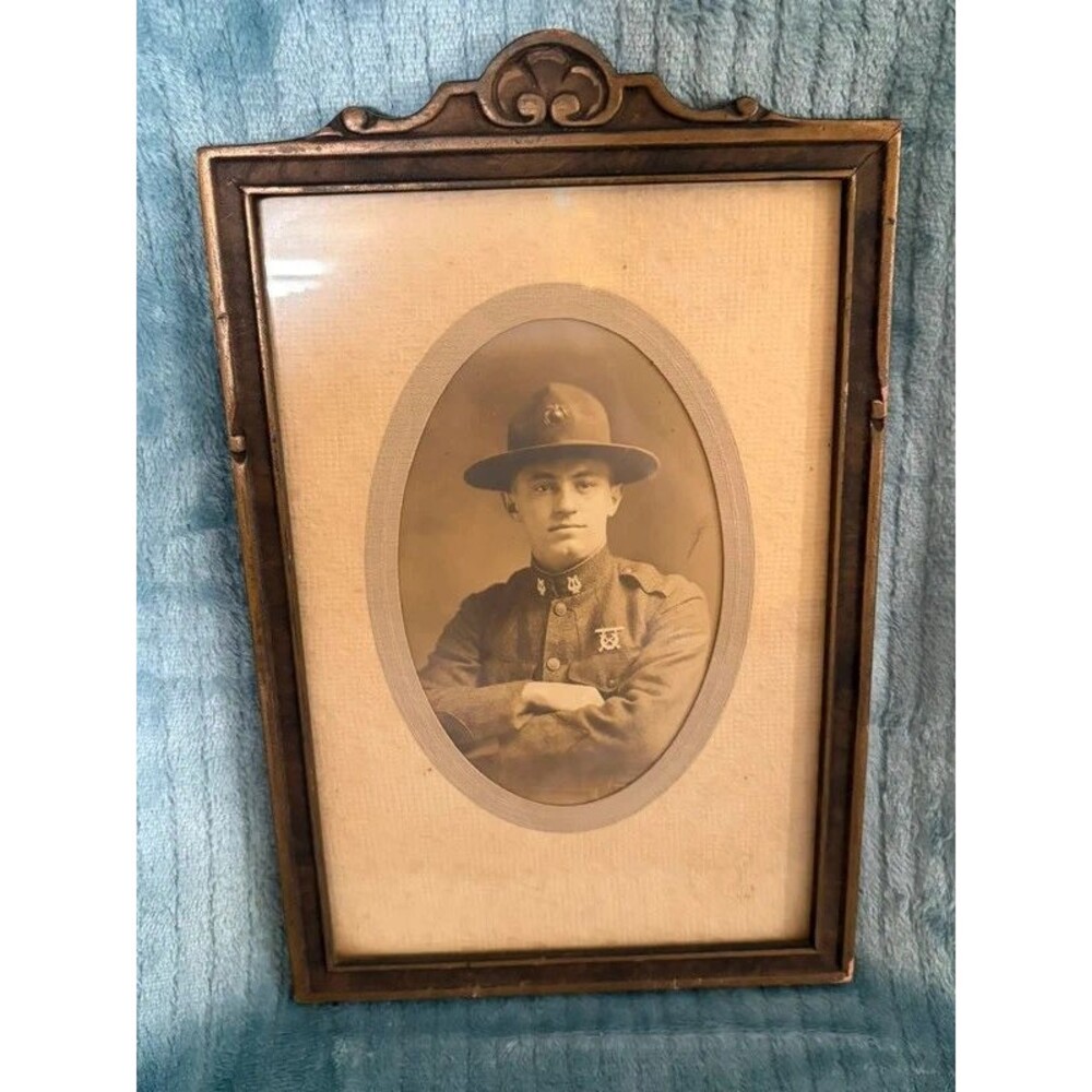 WWI marine photo embossed stamp antique wood frame